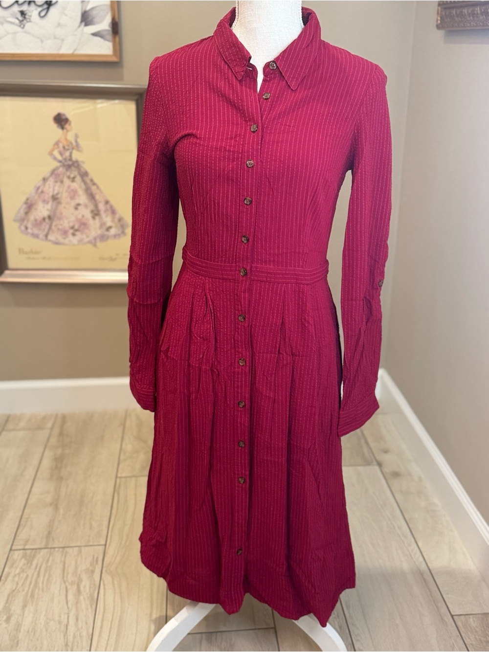 Modcloth Button-Front Striped Stitched Burgundy Red Shirt Dress